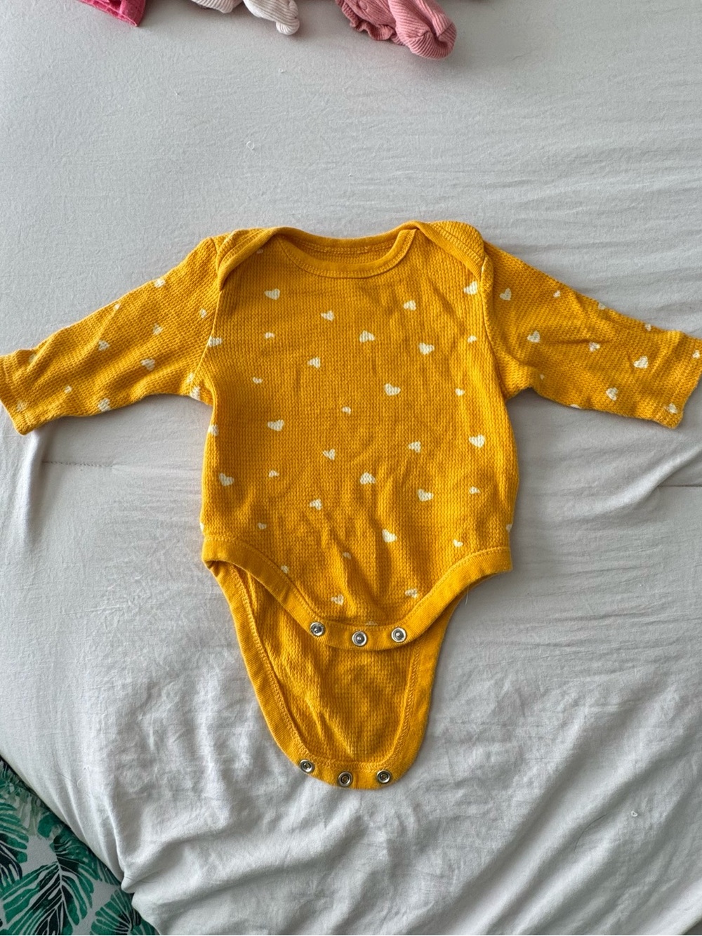 Old Navy Yellow Long-Sleeve Baby One-Piece with White Heart Print
